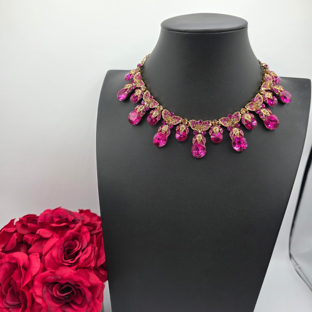 Magenta Pink Crystal Teardrop Butterfly Statement Bib Necklace Gold Tone Glam